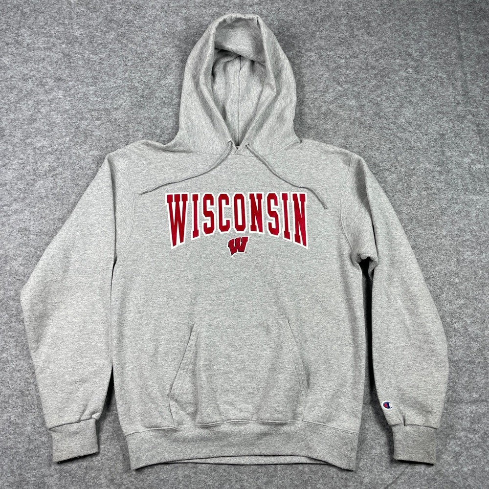 Wisconsin Hoodie Mens Medium Gray Badgers Champion Pullover Sweatshirt
